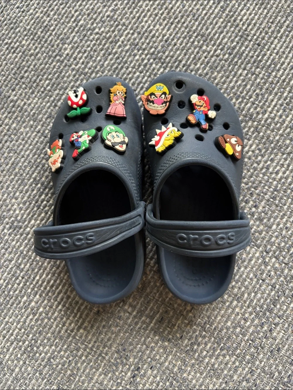 CROCS Kids Navy Clog Sandals with Super Mario Character Jibbitz Charms | Sz 11